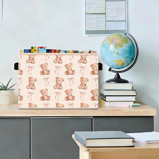 Pink Bow Teddy Bear Foldable Fabric Storage Bin | Pink bow teddy bear design; foldable fabric storage bin for girls room, nursery, playroom, toys, books, or clothes.