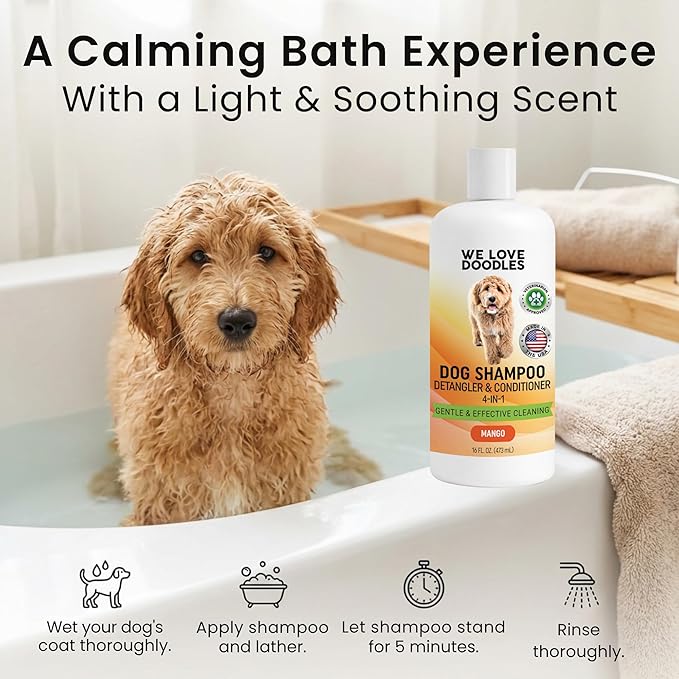 Dog Shampoo, Conditioner & Detangler - Best Shampoo for Goldendoodles, Poodles & Doodles Pet Hair - Hypoallergenic, Tearless, Sensitive Skin for Puppies & All Dog Breeds - Made in USA, 16OZ (Mango)