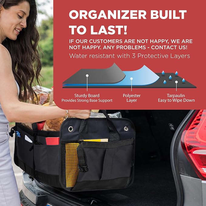 Car Trunk Organizer for SUV & Truck Cargo Storage, Large, Black | Fits Cars, SUVs & Trucks 4 Adjustable Compartments Non-Slip Base & Straps Foldable 11 Pockets Car Accessories