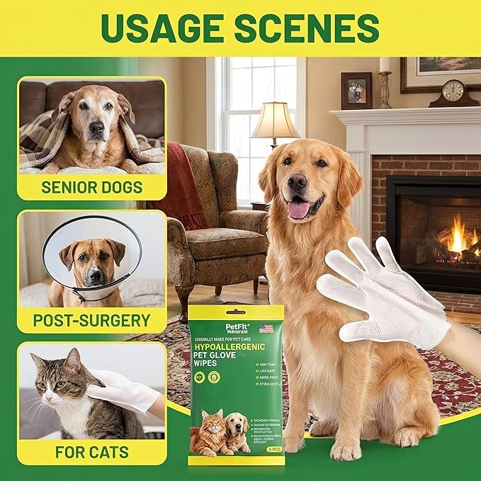 5-Finger Grooming Glove Wipes for Dogs & Cats, Extra Thick Waterless Bath & Deodorizing, Hypoallergenic Rinse-Free Cleaning for Senior, Post-Surgery & Travel - 6 Count (6pcs)