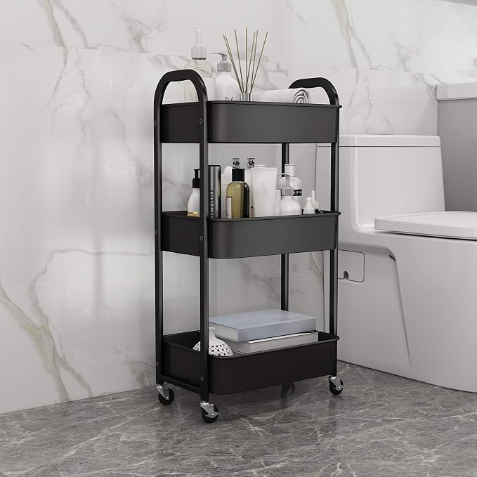 3-Tier Rolling Utility Cart with Caster Wheels Easy Assembly, Black | Easy Assembly, multi-purpose storage trolley for kitchen, rolling cart with smooth caster wheels for bathroom