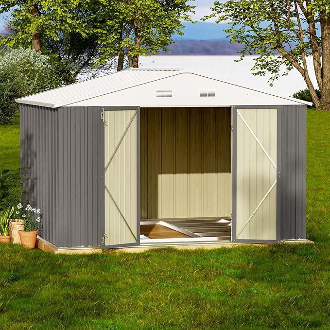 Patiowell 10x8 FT Outdoor Storage Shed with Floor Frame, Grey | Large Garden Tool Metal Shed, Sloping Roof, Double Lockable Door, Outdoor Shed For Backyard Garden Patio Lawn