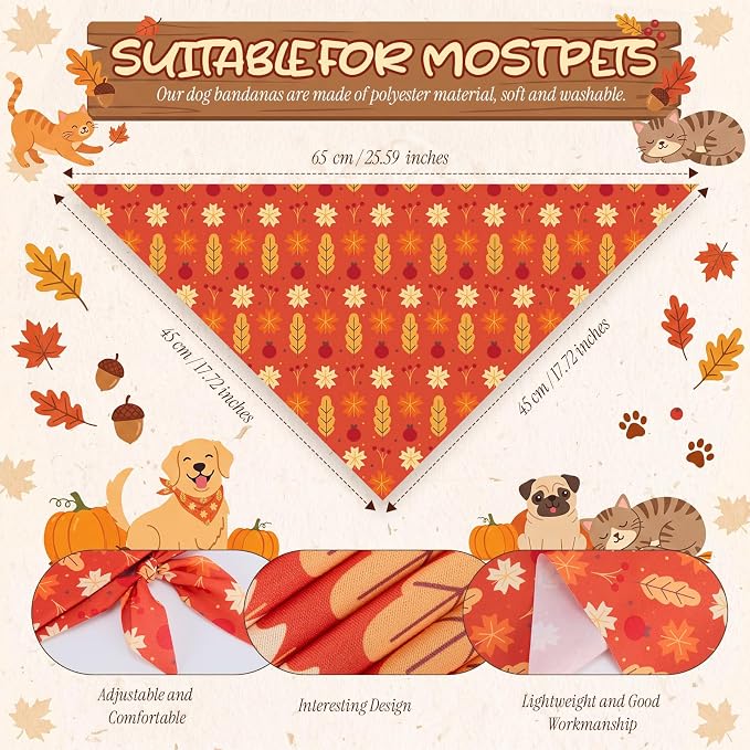 200 Pcs Fall Dog Bandanas Bulk Autumn Pumpkin Maple Leaves Pattern | Triangle Kerchief Bibs Scarf Set for Pets Harvest Party Costume Photo Props Accessories, 25 Styles, 25.6 x 17.7 x 17.7 Inch