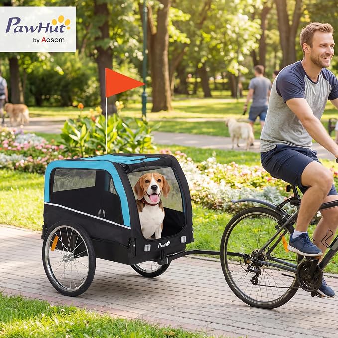 PawHut Dog Bike Trailer 20" Air Tires for Small Medium Breeds 44 lbs | Pet Cart Bicycle Carrier, Quick-Release Wheels, Reflectors, Flag, Dog Cart for Bicycle