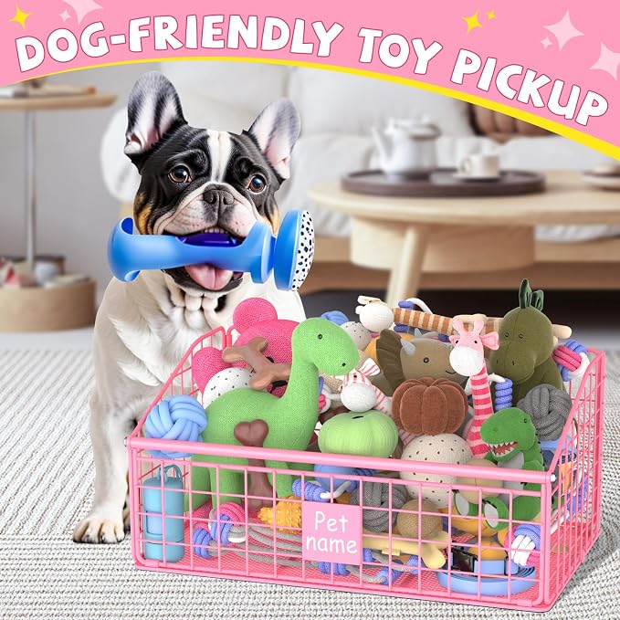 Kaiferty Indestructible Dog Toy basket, Medium Toy Box for Dogs,Pet Toy Bin Dog Metal Basket for Toys, Toy Storage Organizer, Living Room Area (Pink)