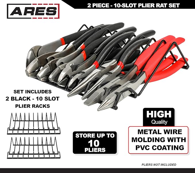 ARES 62004 2-Pc Black 10-Slot Plier Rack Set - Tool Drawer Organizer | 3/4-In Slots Fit Most Pliers; PVC Coating Prevents Slippage