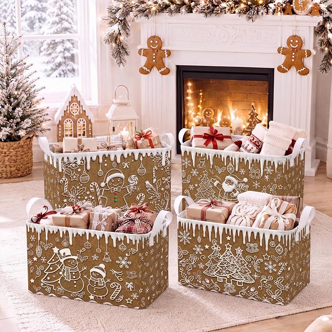 4 Pack Christmas Storage Bin Collapsible Large Christmas Gingerbread Storage Baskets for Gifts Canvas Laundry Basket Foldable Box with Handle for Winter Party Office Home Bedroom Clothes Decor