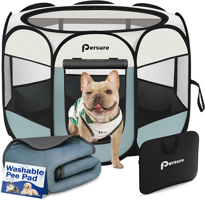 Persure Dog Cat Pet Playpen Puppy Crate Cage for Indoor Outdoor Travel | Nursing Rest Zone Recovering Pet Quarantine Room Portable Pop Up Easy to Set up lightweight Carrying Bag(Grey with Pad,Small)