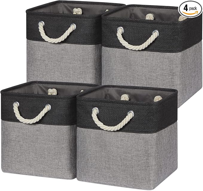 Temary Storage Baskets 4 Pack Fabric Storage Cubes Basket for Organizing, Collapsible Cloth Baskets with Handles for Shelves, Home, Closet (Black&Gray)