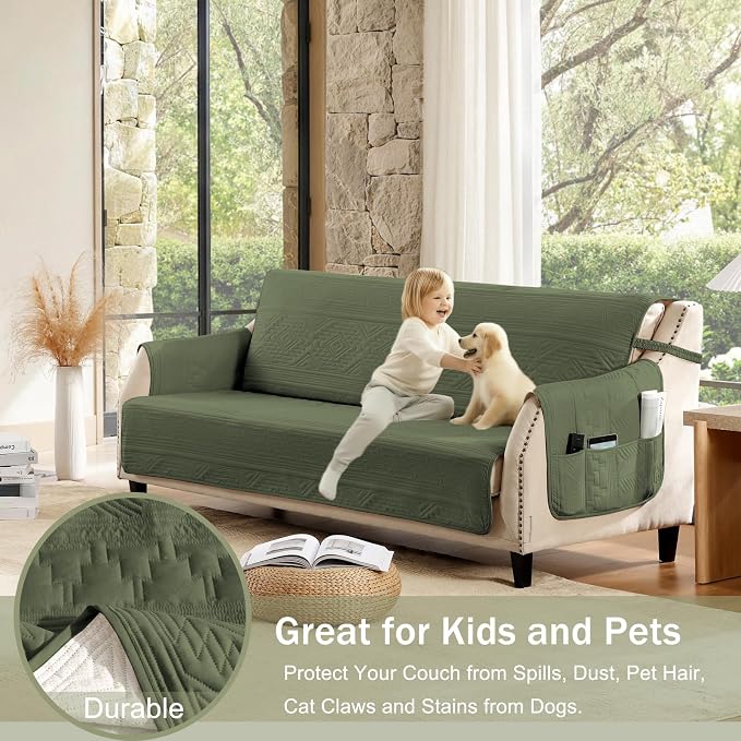 Boho Quilted Pet-Friendly Couch Covers with Pockets, Anti-Slip Aztec Couch Covers for 3 Cushion Couch Sofa, Couch Cover for Dogs Water-Repellent Machine Washable (Large Sofa 68", Olive Green)