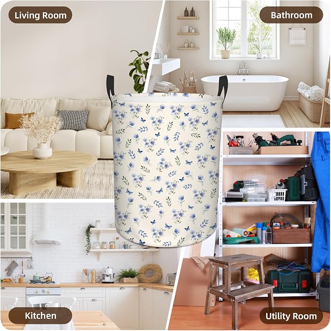 Flower Laundry Hamper, Waterproof Collapsible Laundry Basket for Bedroom, 43L Round Nursery Hamper Storage Bin with Handles for Toys, Storage Basket for Women Girls, Room Decor, 13.8x17.7 in