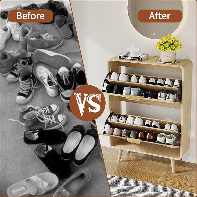 Shoe Storage Cabinet with 2 Flip Drawers for Entryway, 27.5" Freestanding Hidden Shoe Rack Cabinet, Narrow Shoe Organizer for Hallway, Foyer, Oak