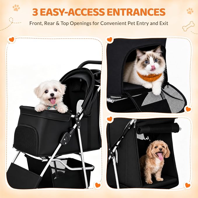 ZENY Foldable Pet Stroller, Cat/Dog Stroller with 4 Wheels | Pet Travel Carrier Strolling Cart with Storage Basket, Cup Holder, Black