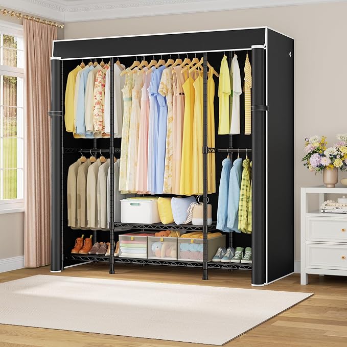E3C Heavy Duty Portable Closet Wardrobe with Black Fabric Cover | Freestanding Metal Closet System Storage Organizer for Clothing, Clothing Rack Holds up to 850 lbs, 59.5"W x 16.5"D x 77.4"H