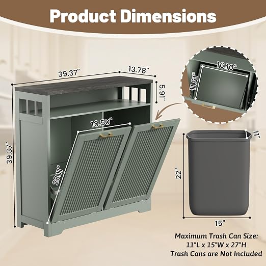 Pet-Proof Double 13 Gallon Tilt Out Trash Can Cabinet with Open Storage – Hide Garbage & Recycling Bins to Keep Your Kitchen Clean and Organized,Green