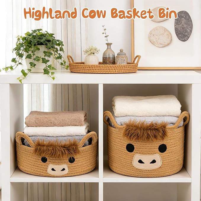 Oval Highland Cute Cow Basket for Nursery, Large Woven Gift Basket | Shelves Rope Cotton Storage Bins for Gifts Empty, Baby Shower Blanket with Handles,Towel Burr Decorative, 13"D x 8"H IN