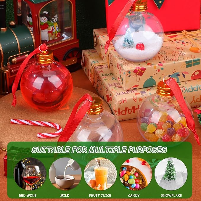 OUNONA 10pcs Bulb-shaped round Plastic Bottles with Leak-proof Lids, Pet Drink Containers for Party Hanging Decors and Storage, Golden Candy Bottles for Holiday Gift Packaging
