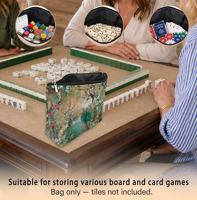Green Tropical Jungle Animal Empty Mahjong Tile Bag 13x7.8 Inch | Nature Forest Printed Portable Travel Case Organizer Zipper Pouch for American Mahjong Tiles Game Night Accessories and Gifts
