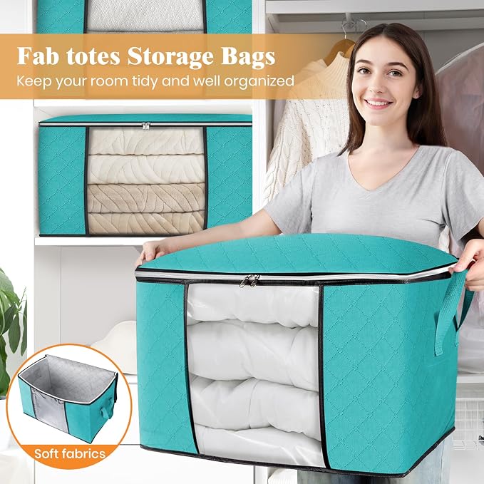 90L Clothes Storage, Foldable Thick Fabric Blanket Storage Bags | Foldable Containers with Zippers,Window and Handles for Organizing Bedroom, Closet, Comforter, Bedding,Dorm essentials