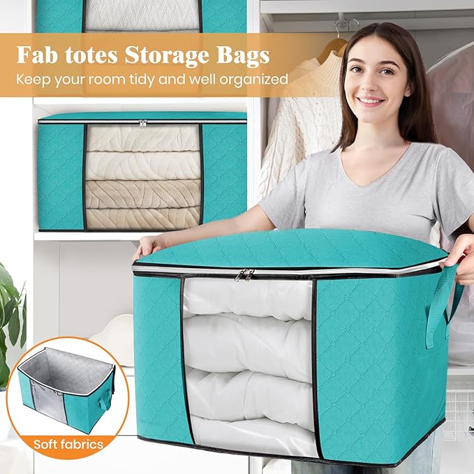90L Clothes Storage, Foldable Thick Fabric Blanket Storage Bags | Foldable Containers with Zippers,Window and Handles for Organizing Bedroom, Closet, Comforter, Bedding,Dorm essentials