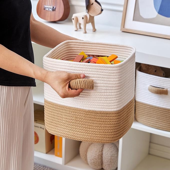R RUNKA Storage Cube Baskets for Organizing -3 Pack -11 inch Square Baskets for Cube Storage, Closet Storage Bins-Woven Cube Storage Bins for Shelves- Ideal for Toy Storage |White & Khaki
