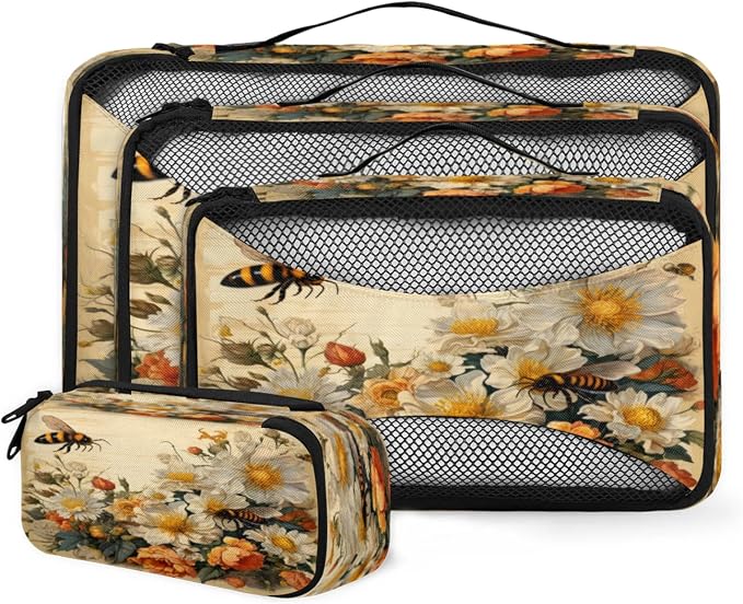 Spring Summer Flower Packing Cubes for Travel, Luggage Packing Organizers, Bee Travel Accessories Large Toiletries Bag for Clothes Shoes Cosmetics Toiletries