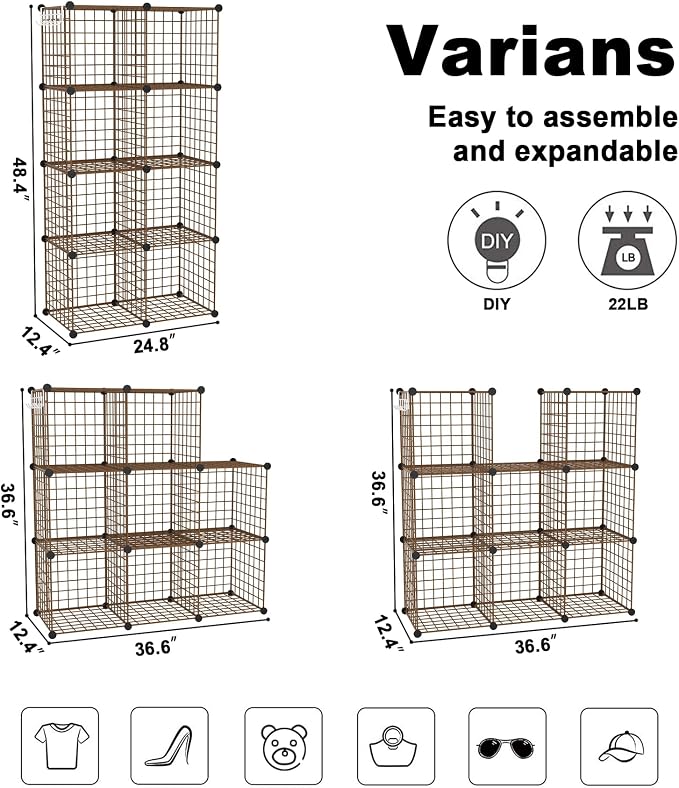 C&AHOME Wire Cube Storage, 8 - Cube Organizer Metal C Grids Units, Brown | Modular Shelves Units, Closet Organizer, Storage Bins Shelving, Ideal for Home, Office, Living Room
