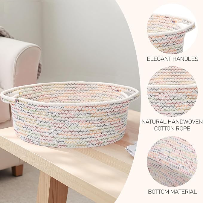 JMvicyroam Small Woven Basket, Empty Gift Basket, Colorful/2 Pack | Small Gift Basket, Cotton Rope, 12 x 8 x 49 in, Handles, Includes Ribbon and Bag, Birthday Gift Basket