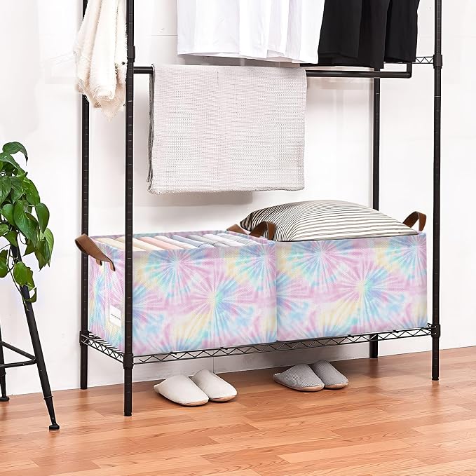 Colorful Tie-dye Rainbow Abstract Storage Basket Foldable Cube Storage Bin with Handles&Label Collapsible Organizer Box Bin Large Rectangle Decorative Basket for Shelve Home Living Room Closet