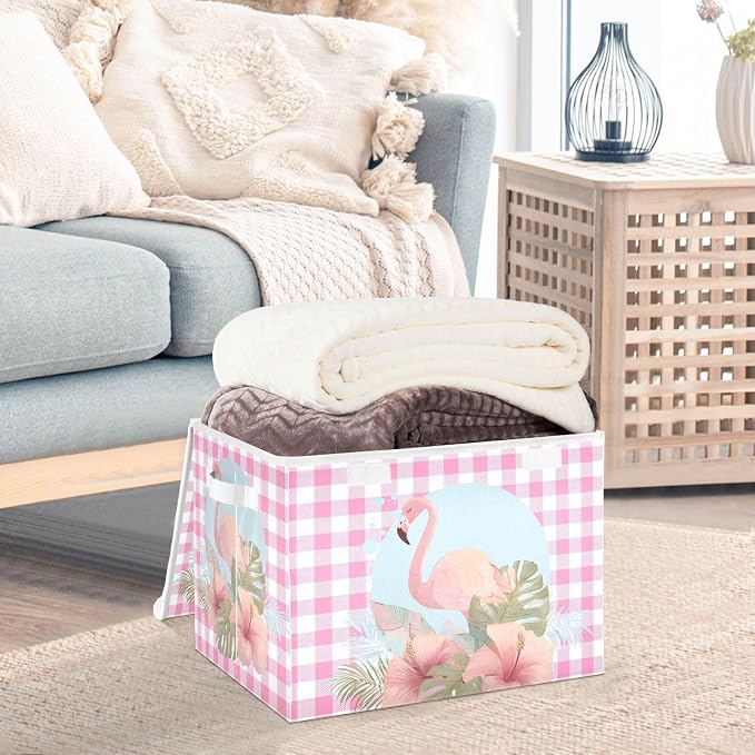 Fabric Storage Bins with Lid Flamingo Foldable Storage Boxes 40L Baskets | Decorative Storage Boxes, 300D Oxford Cloth, Hollow Board Frame, Flip Top Velcro Lid, 16.5x12.6x11.8 inch, Collapsible Design