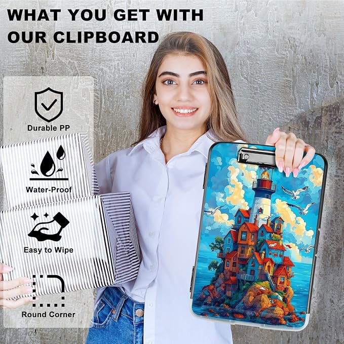 A4 Clipboard with Storage Pen Holder, Clipboards Organizer Nursing Clipboard Foldable File Folder Plastic Clipboard Folio Clip Board for Office Work Classroom Doctor, Blue Sky Castle