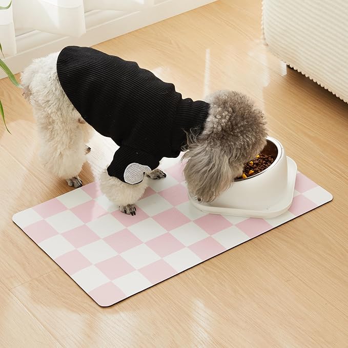 Ralxion Checkered Dog Feeding Mat, Absorbent Mats for Dog Food and Water Bowl, Dispenser, Retro Aesthetic Cute Pink Checkerboard Pet Placemat for Dogs, Cats, Puppy Accessories, 12" X19”