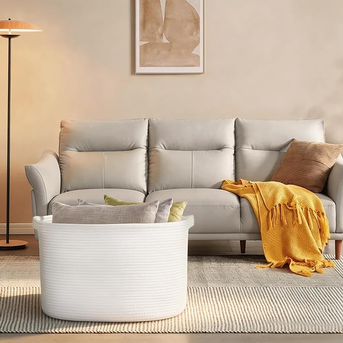 Extra Large White Storage Basket, 23.6" x 17" x 12" Rectangle Blanket Storage for Living Room, White Woven Cotton Rope Basket, Big Kids Toy Box Bin, XXXL Wicker Laundry Baskets for Organizing