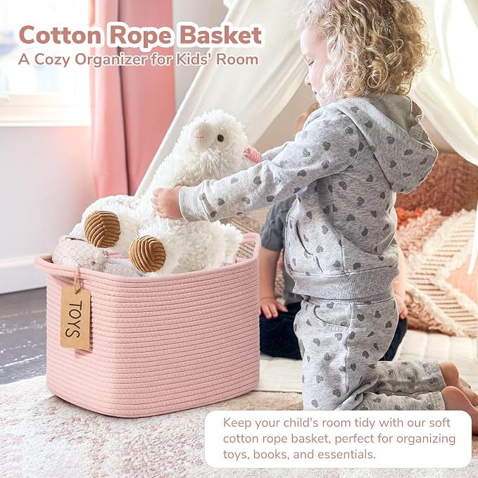 Goodpick Woven Rope Storage Basket for Shelves, Rectangle, Pink | 13" × 10" × 9" Stylish Gift Basket for Nursery, Bedroom & Bathroom Organization, Fits Toys, Towels & Baby Essentials Storage