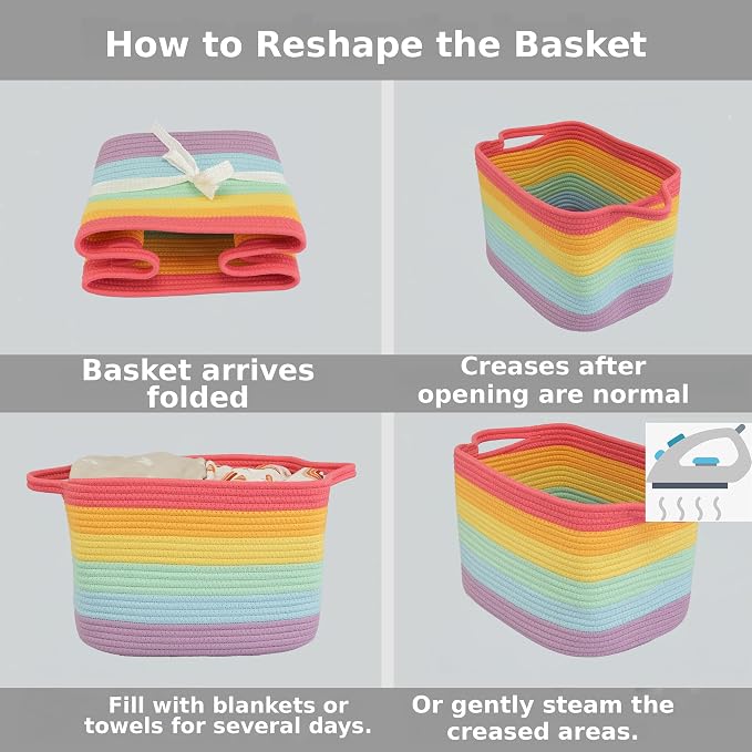 XUANGUO Woven Cotton Rope Storage Basket with Handles 13x10x9 inch Rainbow | Woven cotton rope basket for shelves and closets. Perfect for toys, books, clothes, nursery storage and gift baskets