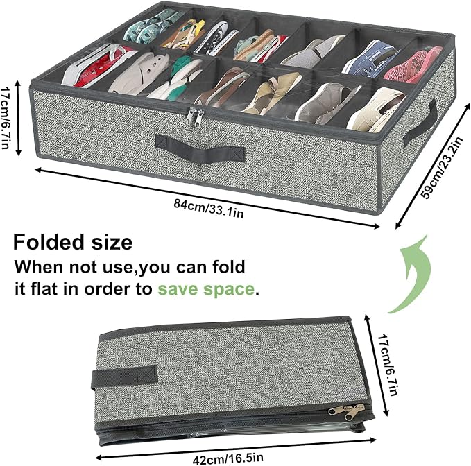 28 Pairs Shoe Organizer Under Bed, Underbed Shoe Storage Boxes Bins, Organizador De Zapatos, Extra Large Zapateras Organizer, Grey, Set of 2