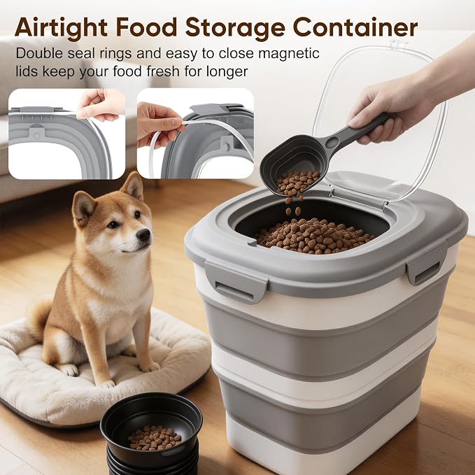 Rice Storage Container, 20 to 50Lbs Collapsible Airtight Rice Container, 30 Lbs Dog Food Storage Container with Wheels, Cup and Scoop, Food Dispenser Bin for Flour, Cereal, Flour, Cat, Bird, Pet