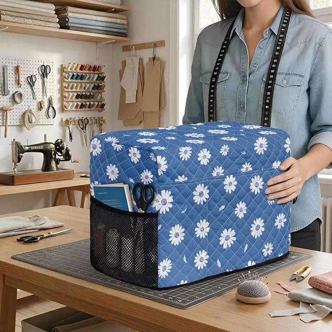 Sewing Machine Cover Polyester Febric Fresh Daisy Floral Print | Dust Pet Hair Protection,Quilting Design,Fits Standard Singer,Brother Janome Machines,Protecting Decorating Your Sewing Space