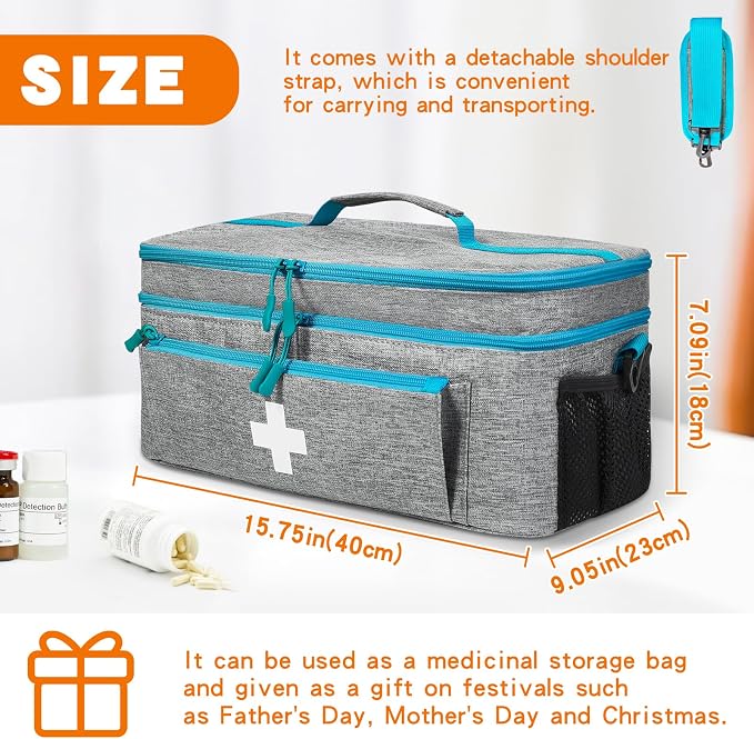 Boczif First Aid Bag Empty, Emergency Kit Bag(Grey with shoulder strap) | Pill Bottle for Emergency Trauma Medical Kits Supplies Waterproof, Ideal for Home, Travel, Outdoor