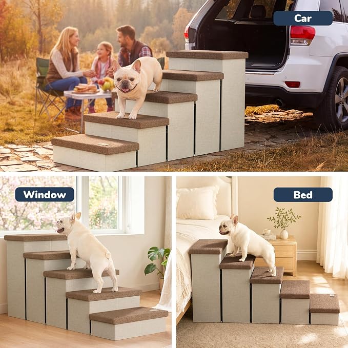 5-Step Wide Dog Stairs with Storage 23" H, Non-Slip Sturdy Pet Steps for High Bed Window, Pet Stairs for Small/Medium/Large Old Dogs Cats Up to 220lbs, Cat Dog Steps for Car, Beige&Brown Lid