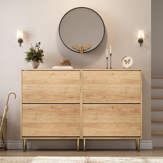 Shoe Storage Cabinet for Entryway - Ultra Slim Shoe Cabinet with Tiered Fluted Design - Modern Shoe Organizer for Entryway with Gold Legs, Hidden Shoe Rack for Small Spaces, Fits Men's Size 12+