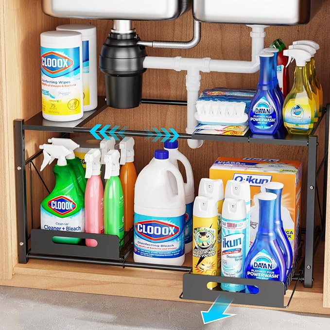 iSPECLE Under Sink Organizer - 2 Tier Expandable for 22" to 32" Wide Sink | Expandable Width, Easy Access, 2 Tier Space, For 22-32 Inch Sink Cabinet, Height Adjustable, Carbon Steel, Black, Fit, Use