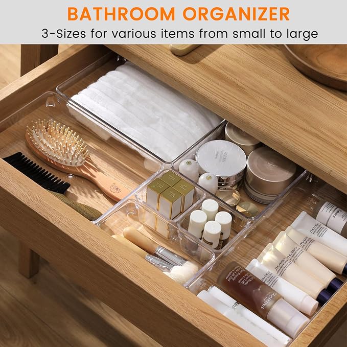 8 Pack Drawer Organizer for Kitchen Gadgets, Large Clear Plastic Drawer Divider for Kitchen Accessories, Bathroom Organizers and Storage, Home Essentials for Makeup and Vanity Accessories