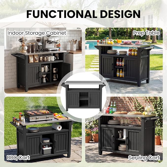 Bifanuo Outdoor Grill Table Grill Cart with Stainless Steel Top & Storage Cabinet for Food Prep and Storage, Portable and Durable with Wheels (Standard Black)