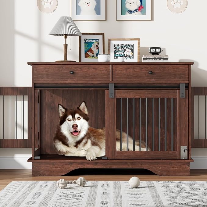 Dog Furniture Crate, 47" Large Dog Crate Furniture w/ 2 Storage Draws & Removable Divider for Large/Medium/Small Dogs