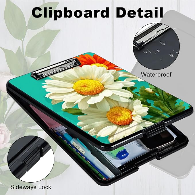 Heavy Duty Storage Clipboard, Slim Nursing Clipboard with Internal Pen Case, Portable File Organizer Case for A4 Letter Size Paper Office Medical Professionals, White Daisy