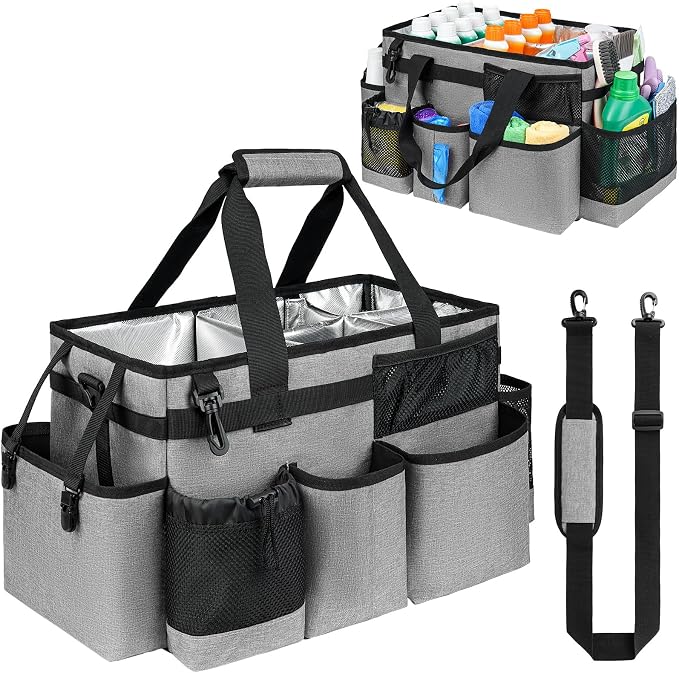 Cleaning Caddy Bag, Large Cleaning Bag for Housekeepers, Rose Gray | Cleaning Caddy Organizer for Cleaning Supplies with Handle and Adjustable Shouder Strap, Easy to Clean & Heavy Duty Design