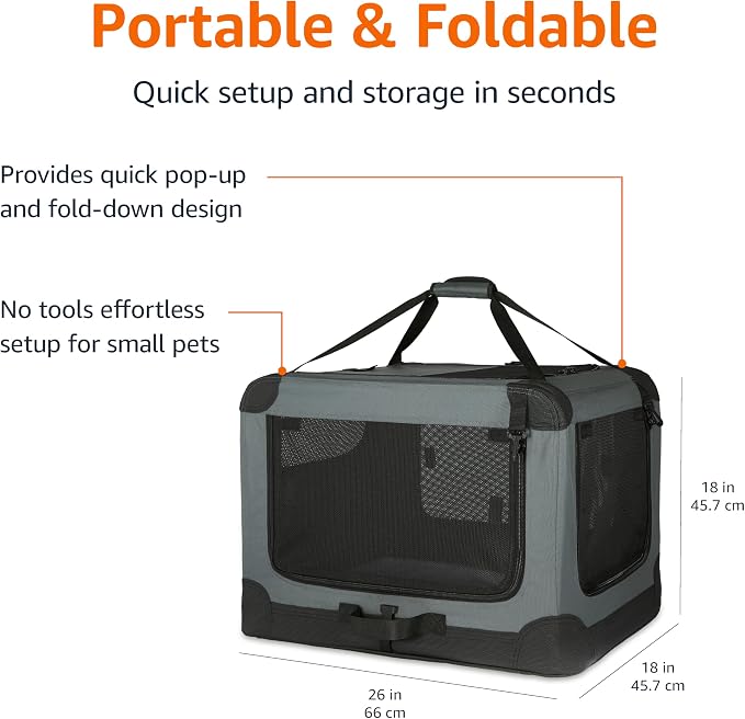 Amazon Basics Portable Folding Soft Dog Crate, 4-Doors, Collapsible Travel Kennel for Cat, Dog, and Small Animals, Quick Setup, Small 26" x 18" x 18", Grey