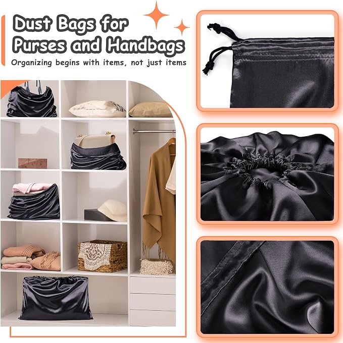RUDONG M Satin Dust Bags for Handbag, Black, 4 Pack | Silky Dust Cover, Drawstring, For Storage & Travel, For Purse Clothes Shoes