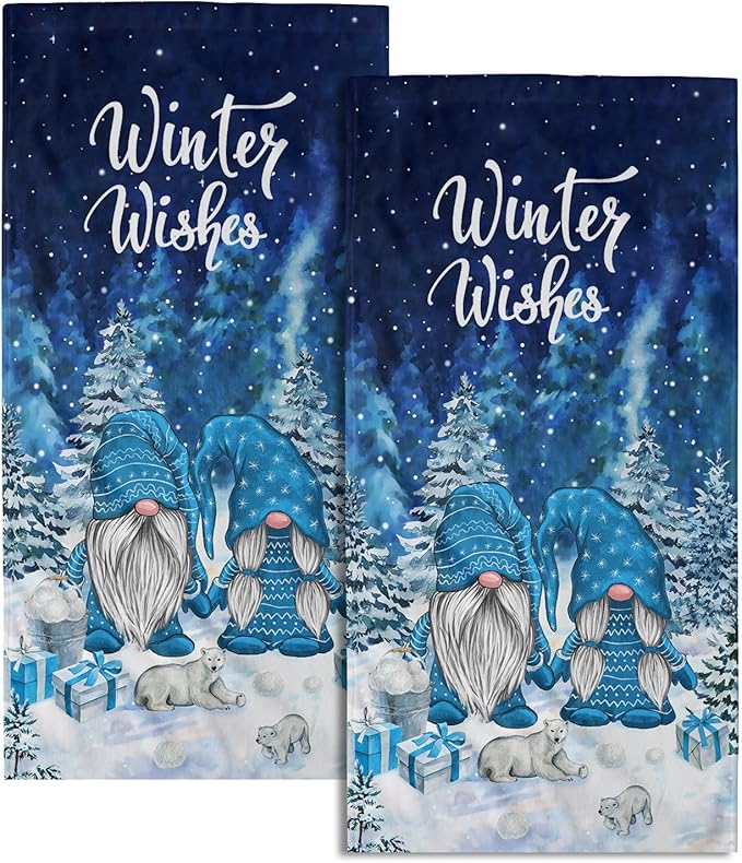 Giwawa Winter Gnomes Hand Towels Blue Pine Tree Kitchen Dish Towels Set of 2 Soft Face Bathroom Towel Seasonal Decorative for Guest Hotel Spa Gym
